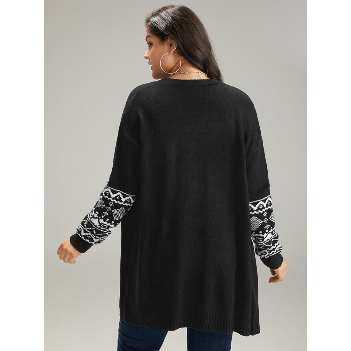 Plus Size Geometric Graphic Open Front Tunic Cardigan Black Women Casual Loose Long Sleeve Dailywear Cardigans BloomChic 30/6X Product Image