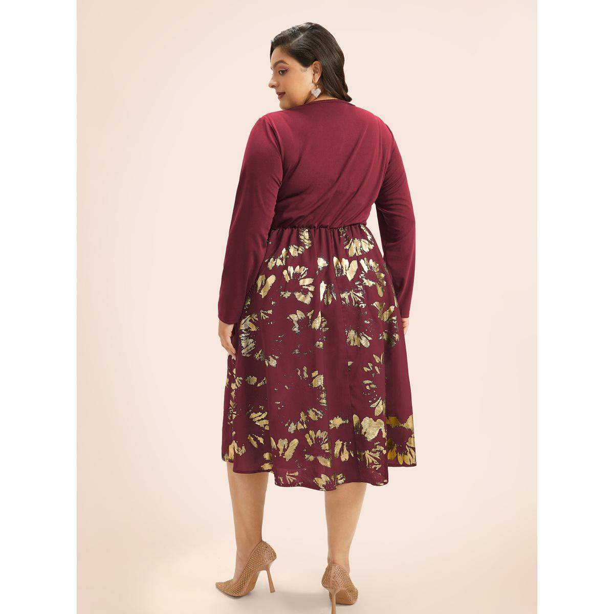 Plus Size Brush Glitter Pocket Patchwork Dress Burgundy Women Party Printed V-neck Long Sleeve Curvy Midi Dress BloomChic 18-20/2X Product Image