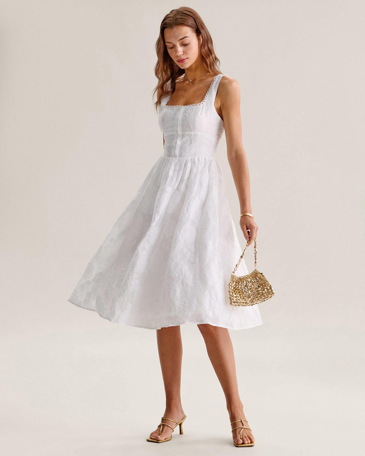 White Jacquard Shirred Slip Midi Dress Product Image