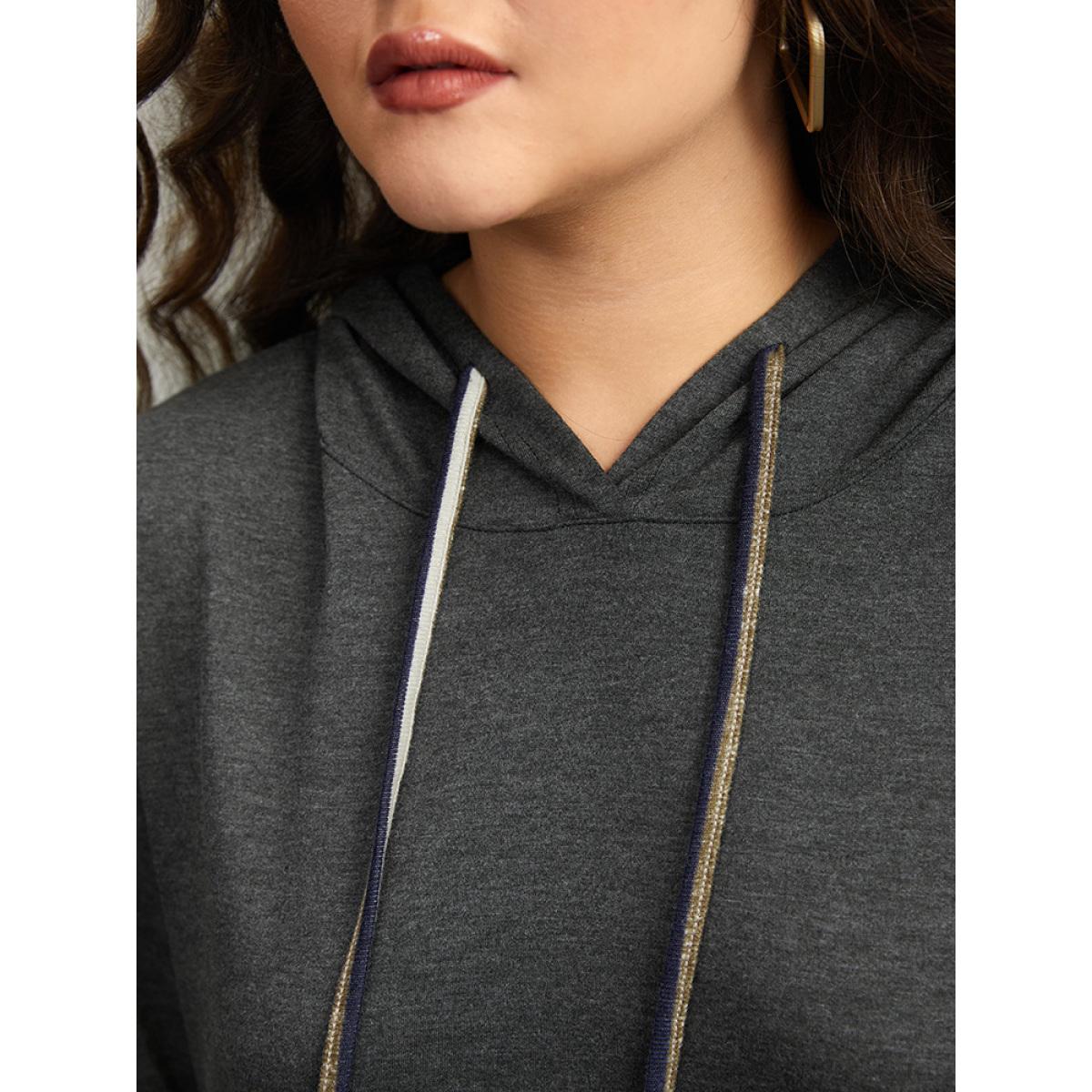Plus Size Contrast Striped Hooded Ties Pocket Sweatshirt Women DimGray Casual Contrast Hooded Dailywear Sweatshirts BloomChic 12/L Product Image