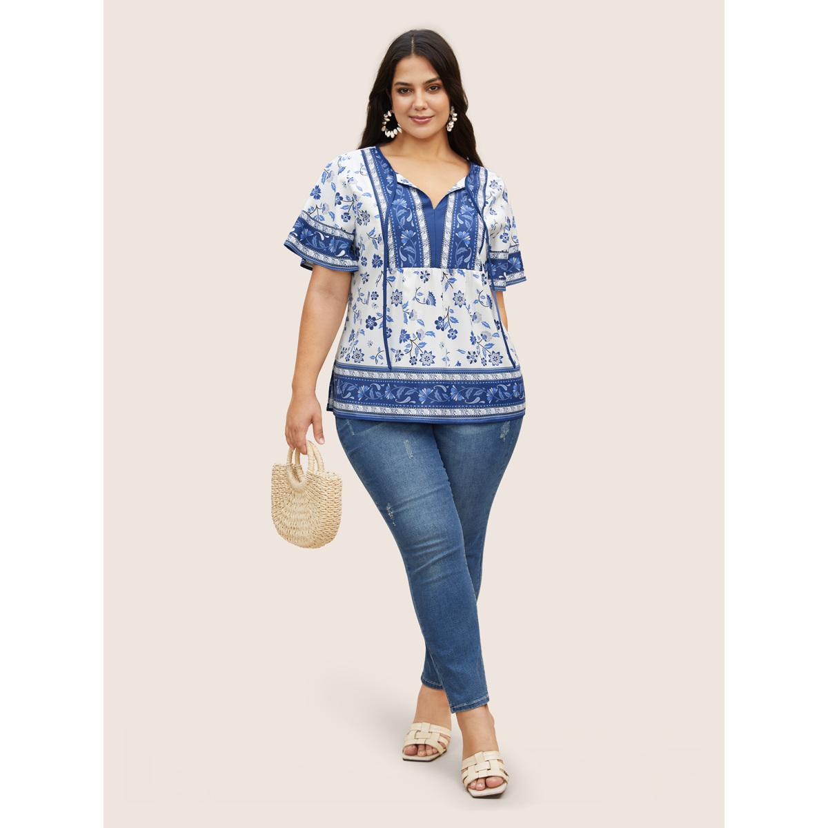 Plus Size Aegean Boho Print Tie Knot Ruffle Sleeve Blouse Women Resort Short sleeve Flat collar with V-notch Vacation Blouses BloomChic 10/M Product Image