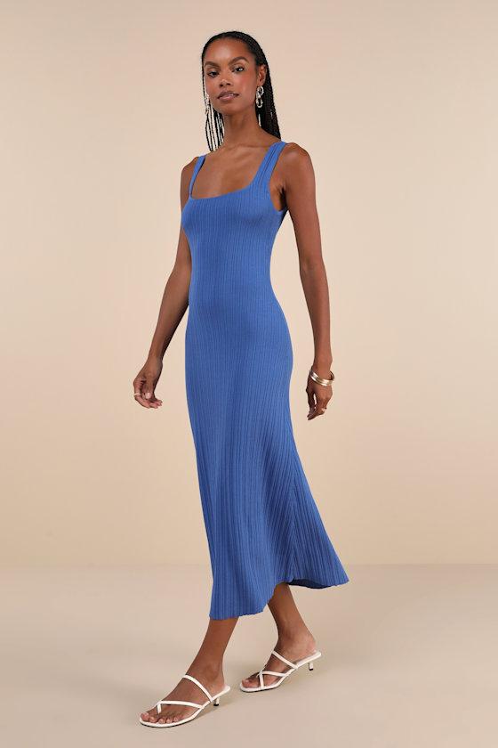 Majorly Stylish Blue Ribbed Knit Sleeveless A-Line Midi Dress Product Image