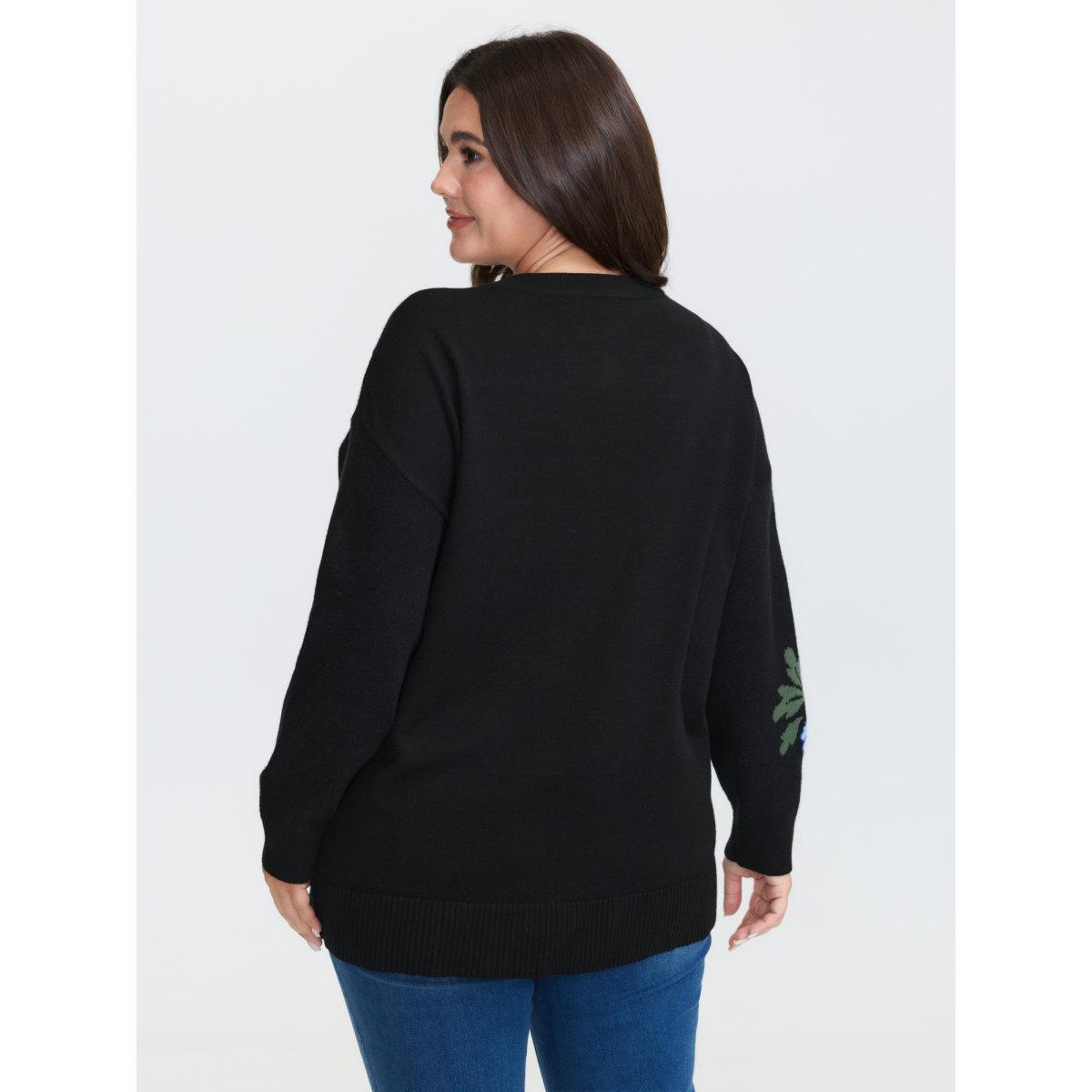 Plus Size Rosy Jacquard Drop Shoulder Pullover Black Women Playful Loose Long Sleeve Round Neck Casual Pullovers BloomChic 30/6X Product Image
