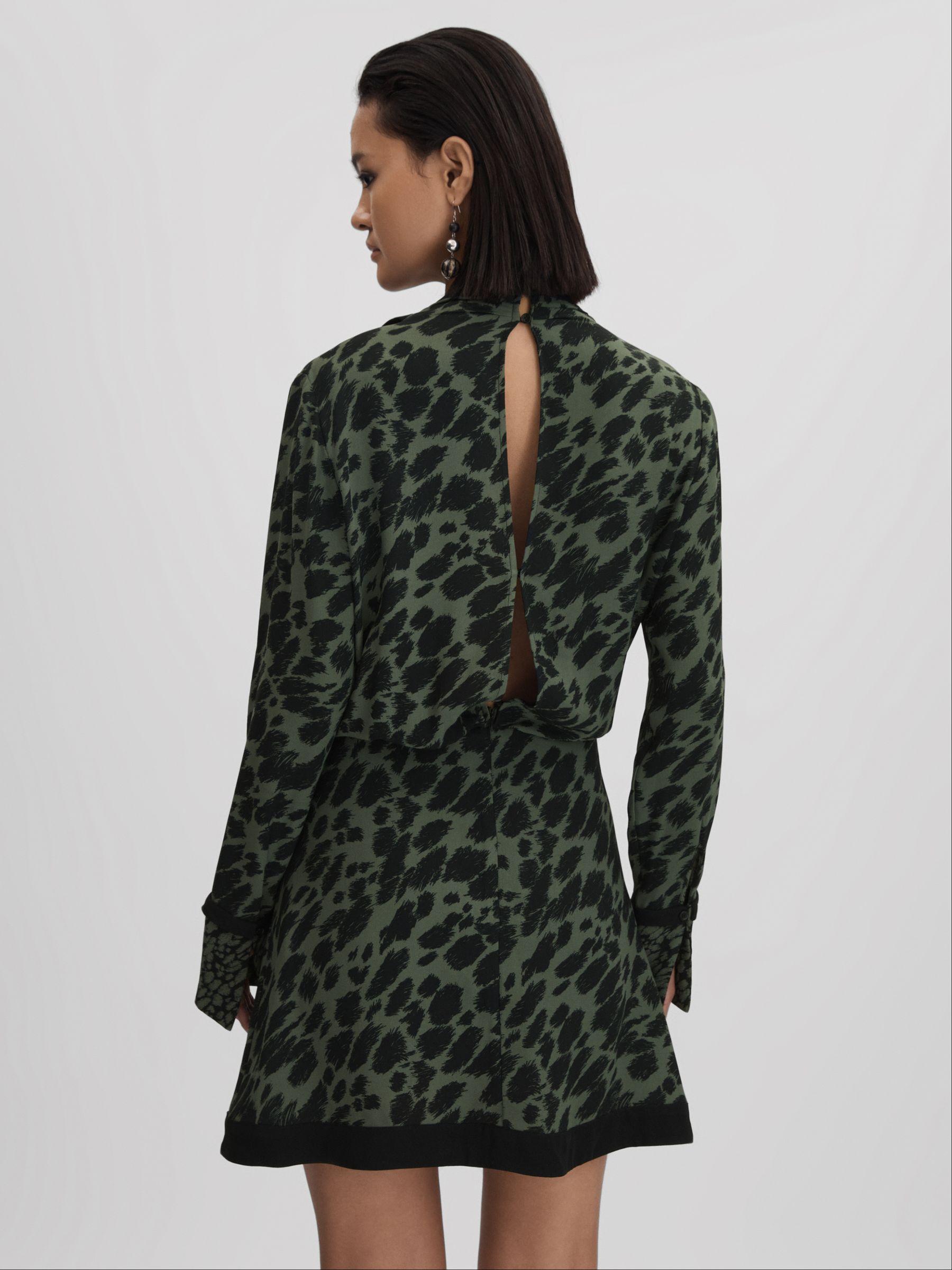 Printed Tie Neck Mini Dress in Black/Dark Khaki Product Image