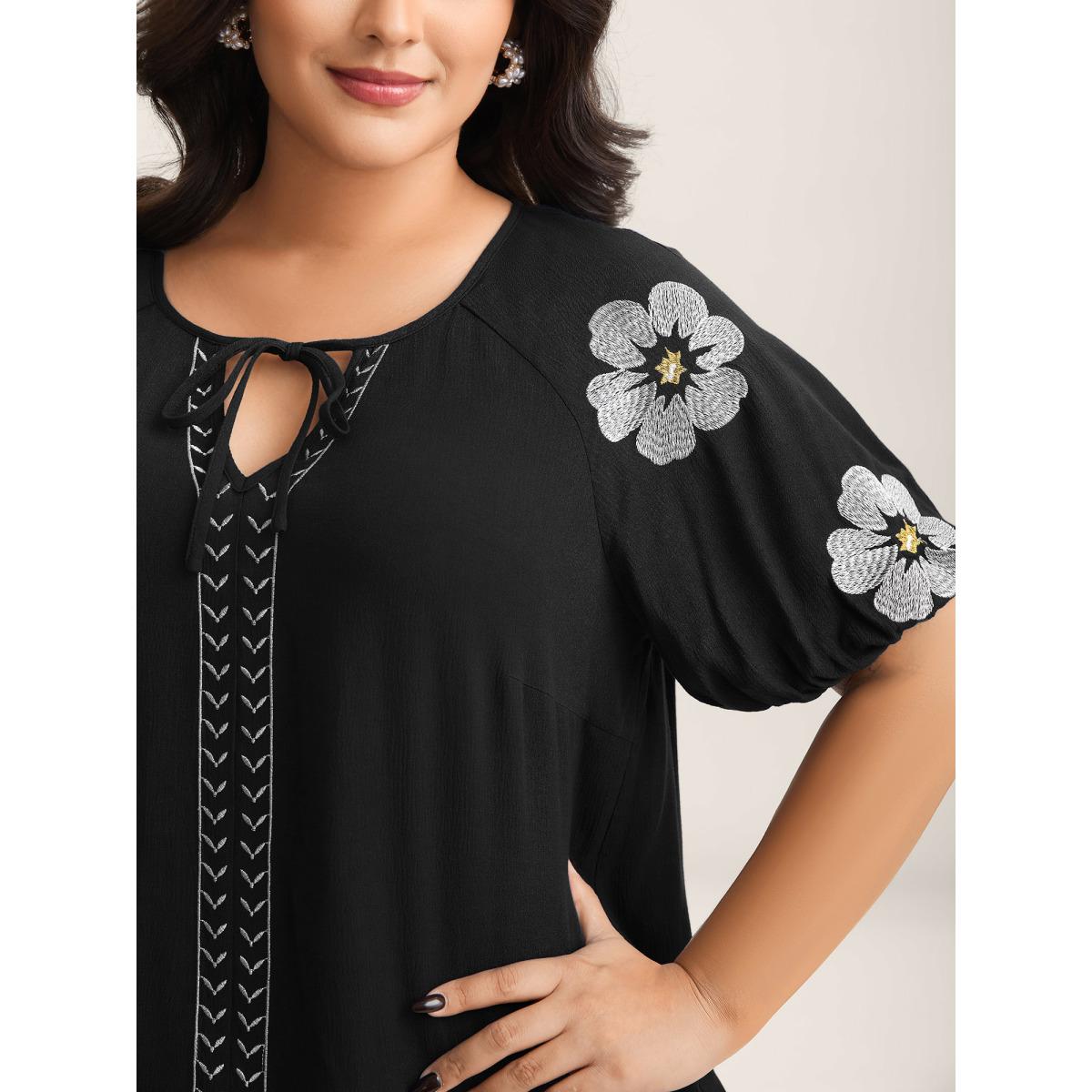 Plus Size Black Floral Embroidery Textured Neck Tie Blouse Women Boho Half Sleeve Flat collar with V-notch Vacation Blouses BloomChic 30/6X Product Image