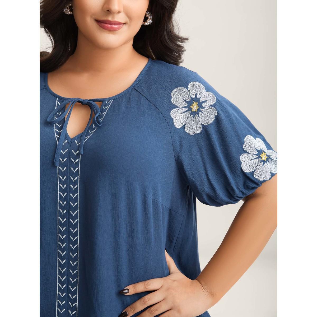 Plus Size DarkBlue Floral Embroidery Textured Neck Tie Blouse Women Boho Half Sleeve Flat collar with V-notch Vacation Blouses BloomChic 10/M Product Image