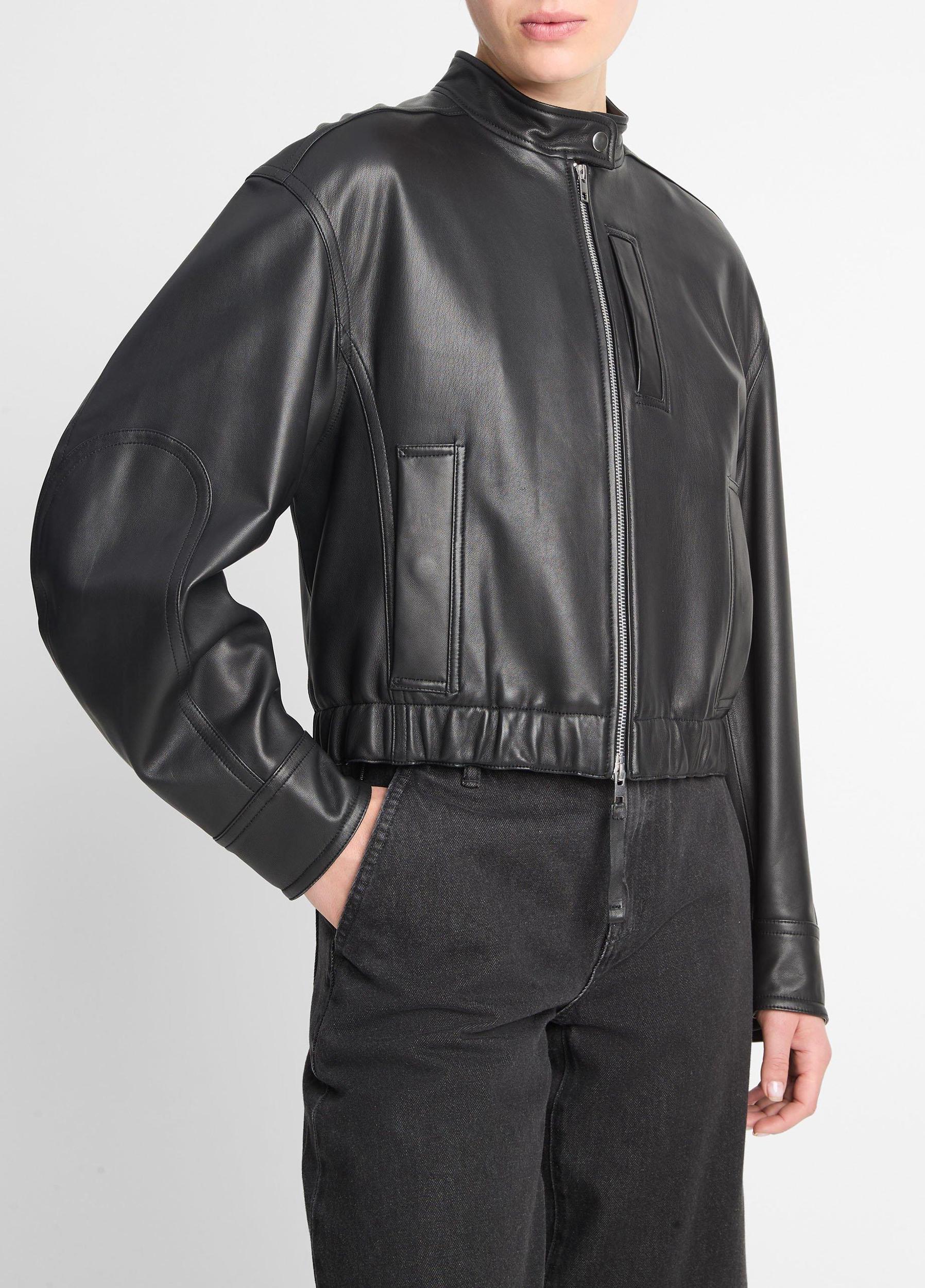 Leather Cropped Bomber Jacket Product Image
