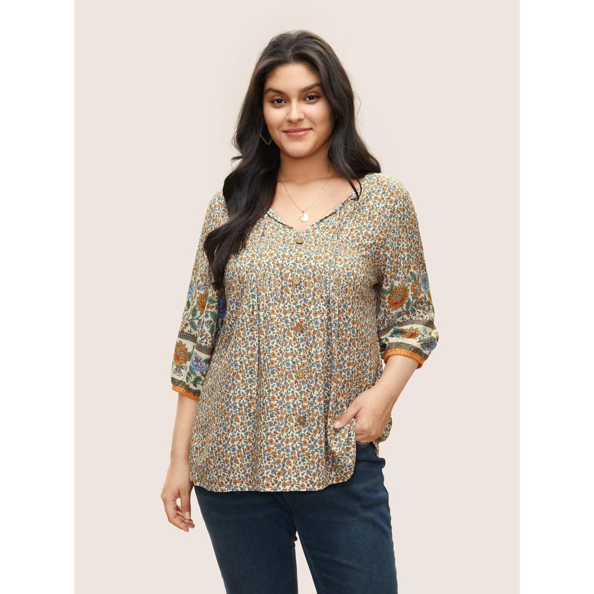 Plus Size Beige Boho Print Pleated Button Detail Tie Neck Blouse Women Resort Elbow-length sleeve Notched collar Vacation Blouses BloomChic 14-16/1X Product Image