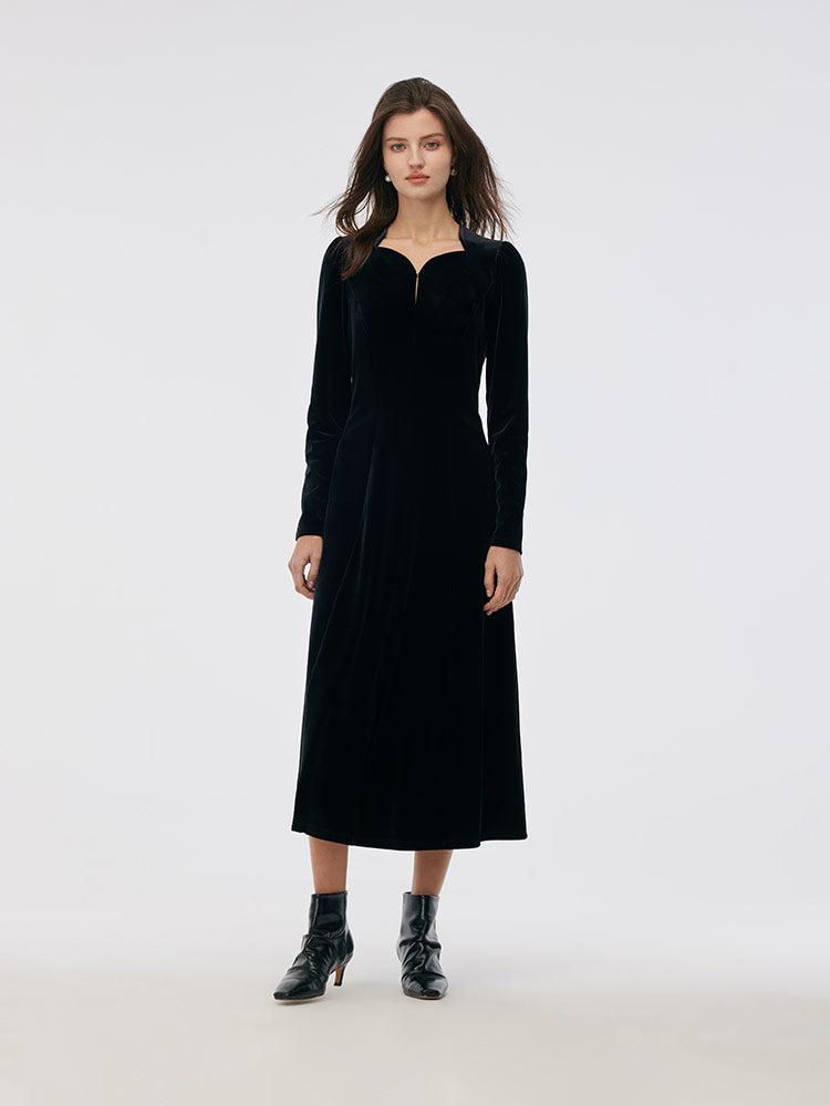 Velvet Scallop Neckline Women Midi Dress Product Image
