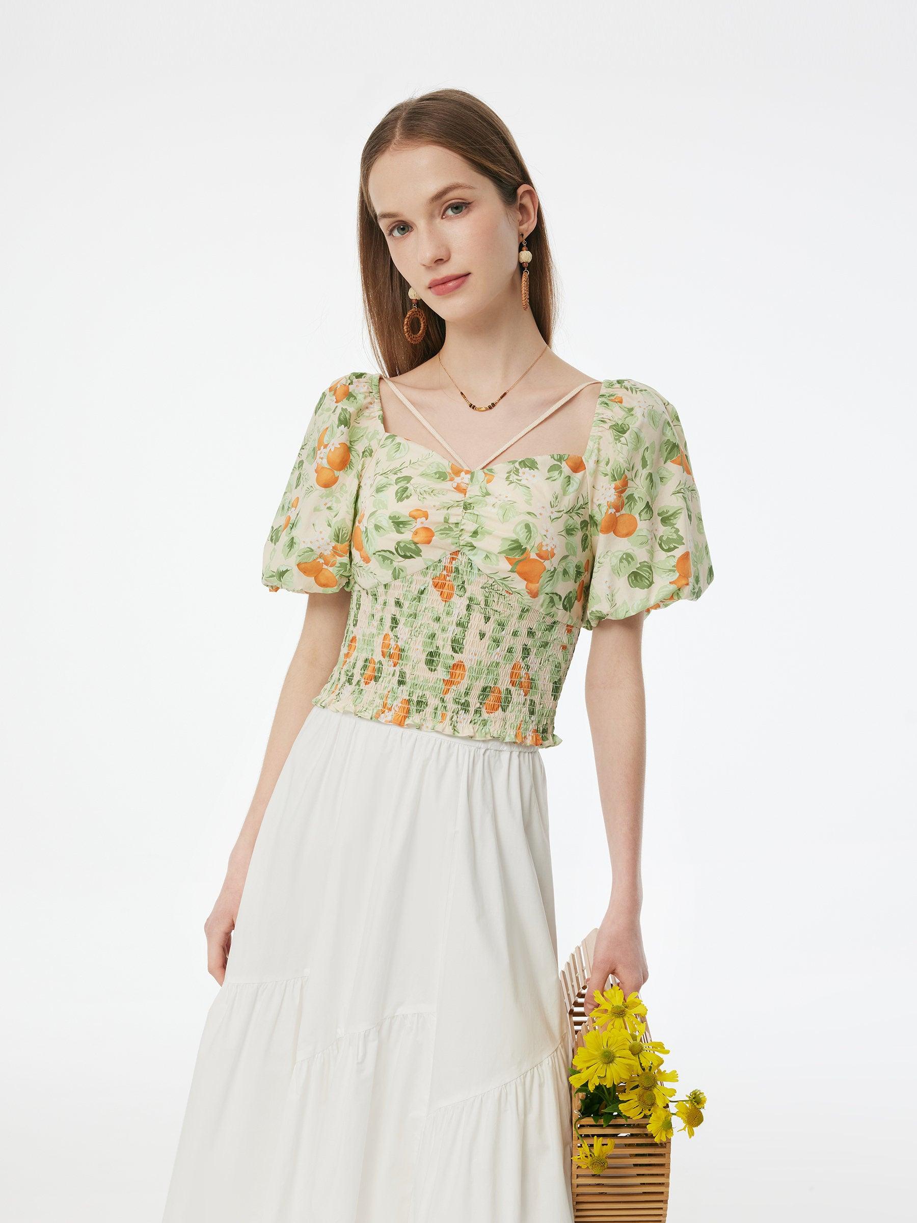 Cotton Floral Print Women Smocked Top Product Image