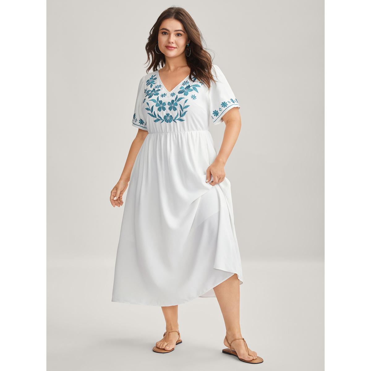 Plus Size Floral Embroidery Pockets Midi Dress WhiteSmoke Women V-neck Cap Sleeve Curvy BloomChic 12/L Product Image