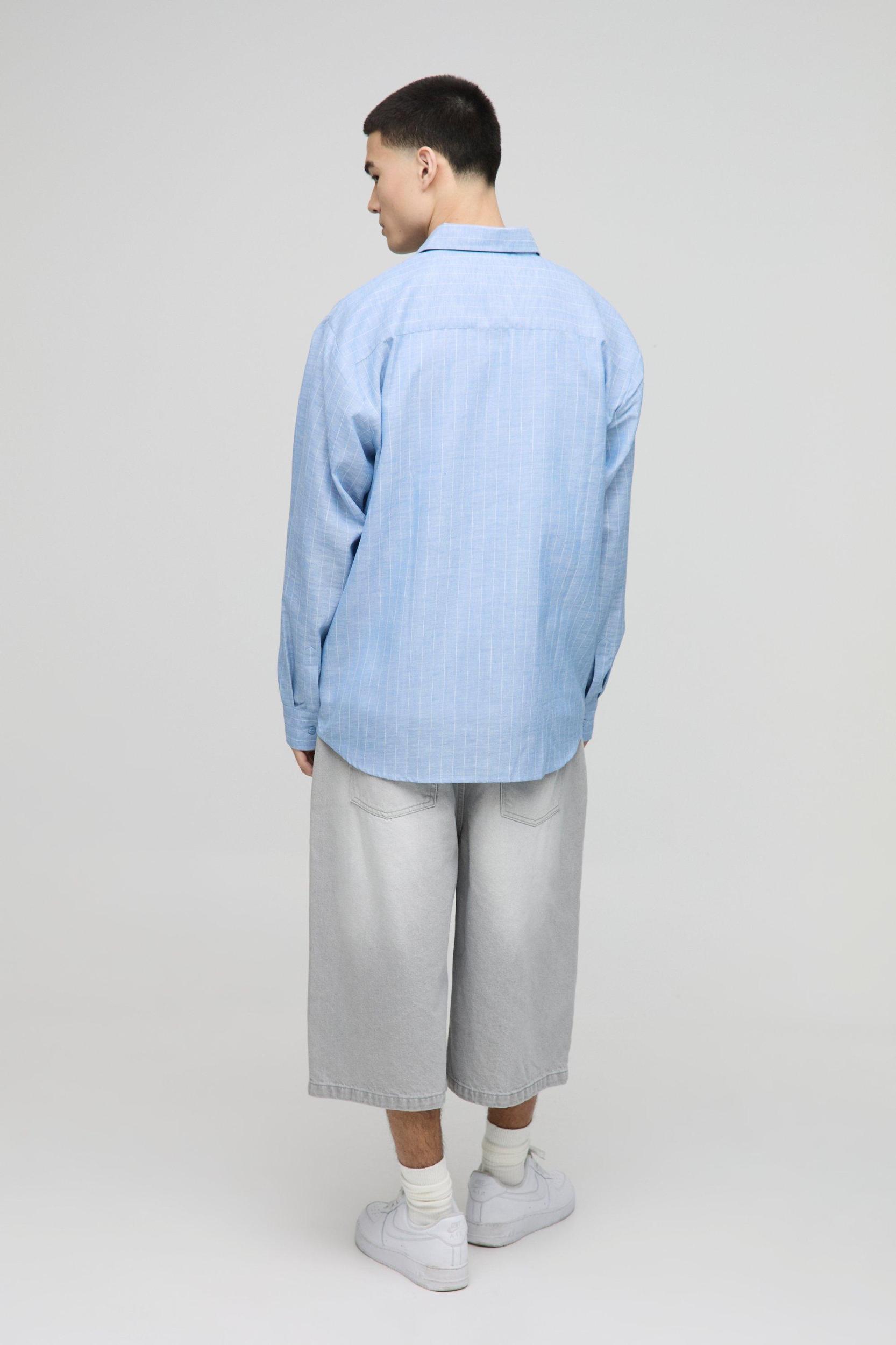 Super Oversized BoohooMan Linen Look Stripe Shirt | boohooMAN USA Product Image
