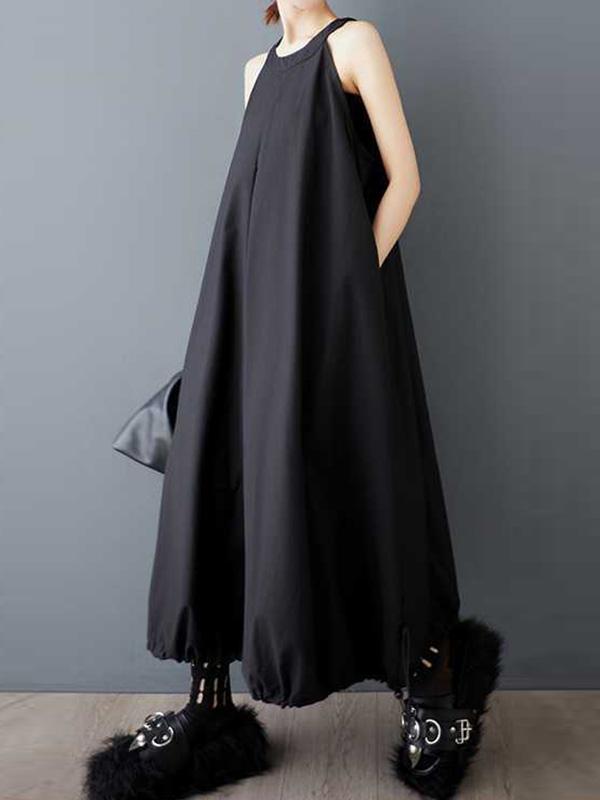 A-Line Loose Drawstring Pleated Pockets Solid Color Zipper Spaghetti-Neck Midi Dresses Product Image