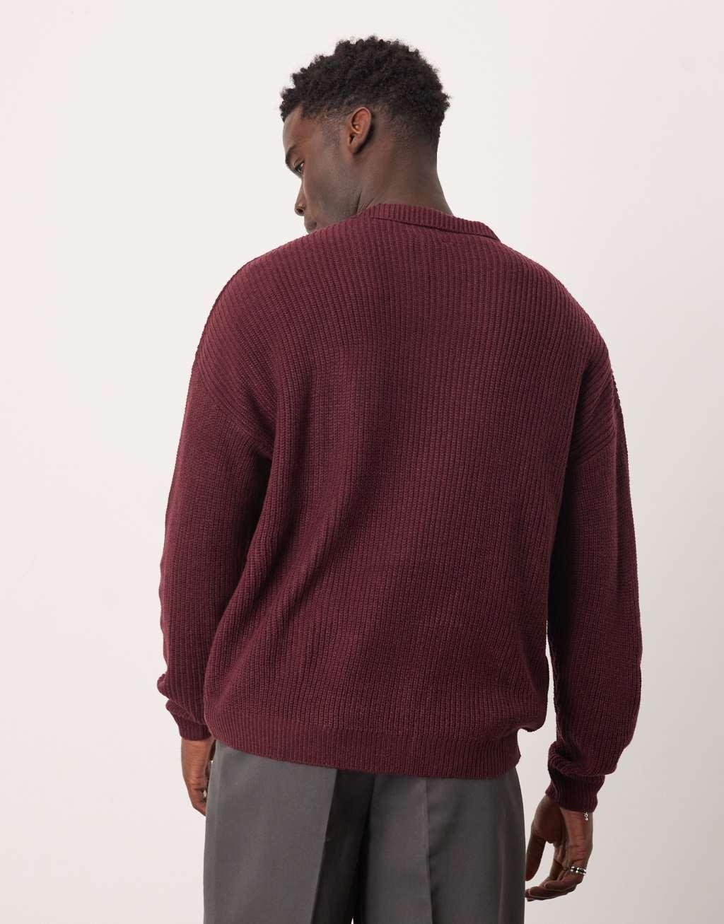ASOS DESIGN oversized ribbed knit sweater with notch neck in burgundy Product Image