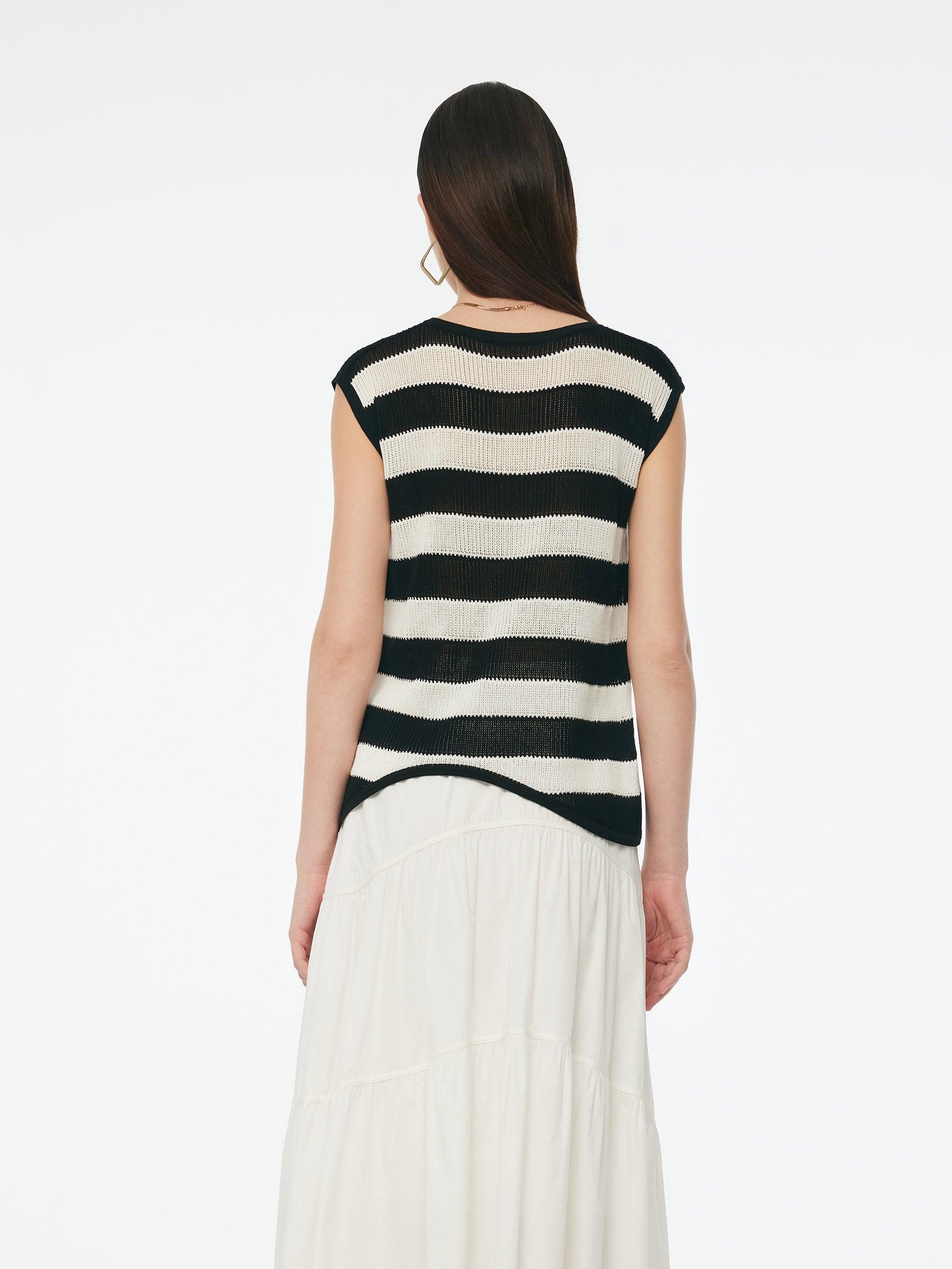 Tencel Blend Stripe Curved Hem Women Knit Tank Top Product Image