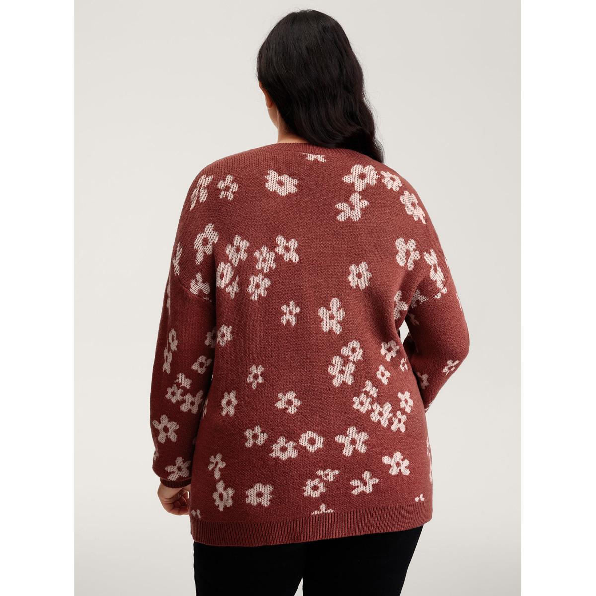 Plus Size Floral Pattern Round Neck Ribbed Pullover Rust Women Leisure Loose Long Sleeve Round Neck Casual Pullovers BloomChic 22-24/3X Product Image