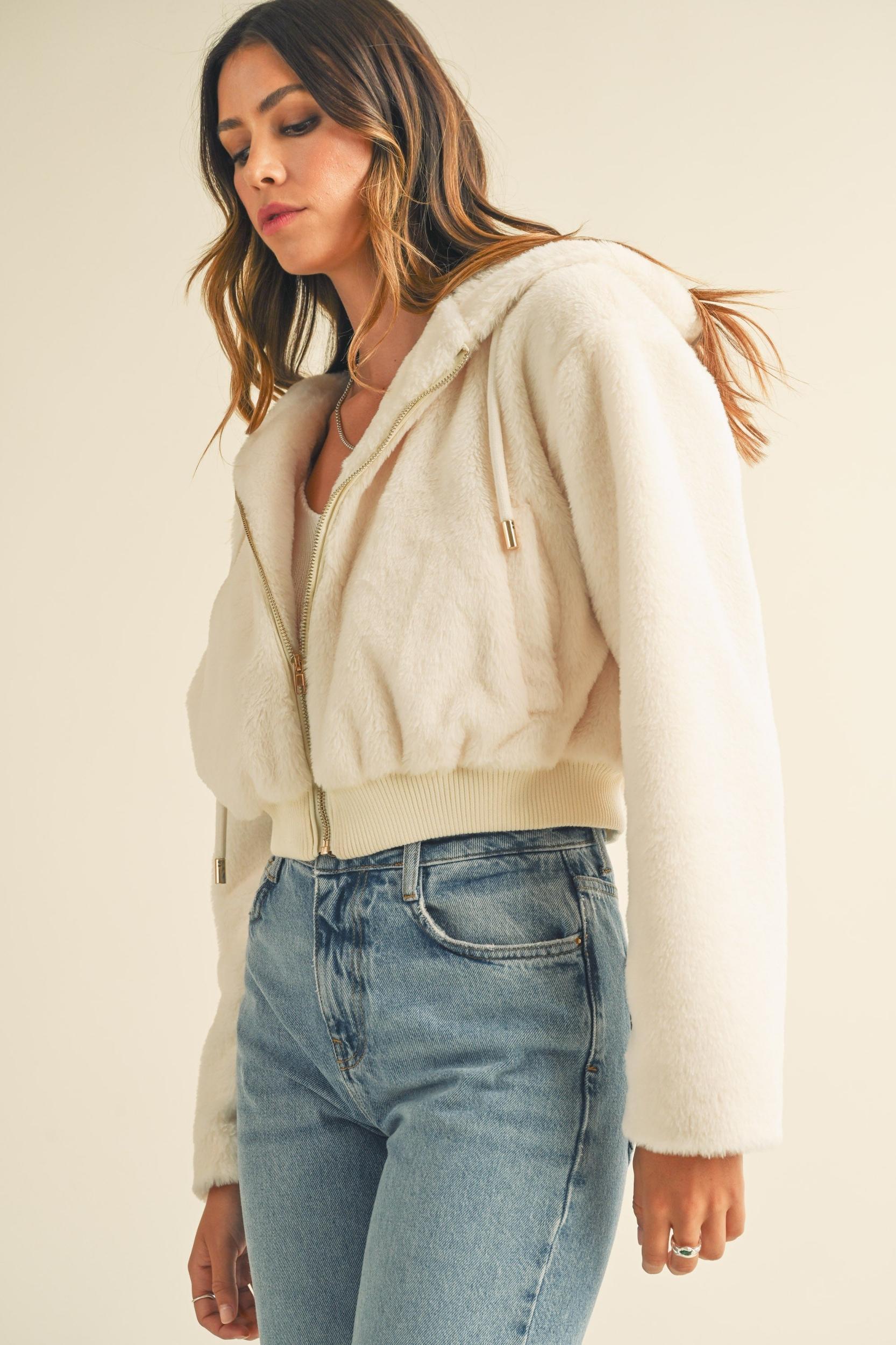 Faux Fur Hoodie Crop Jacket Product Image