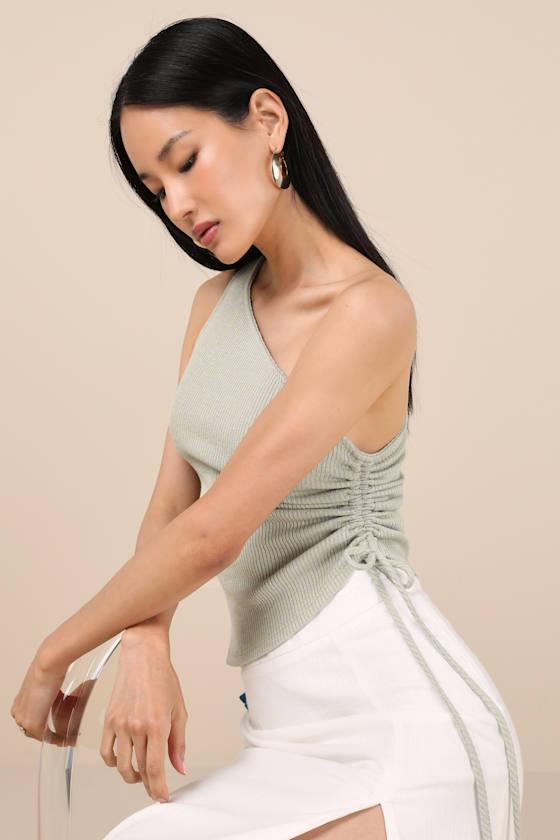 Cassara Sage Green Ribbed One-Shoulder Drawstring Tank Top Product Image