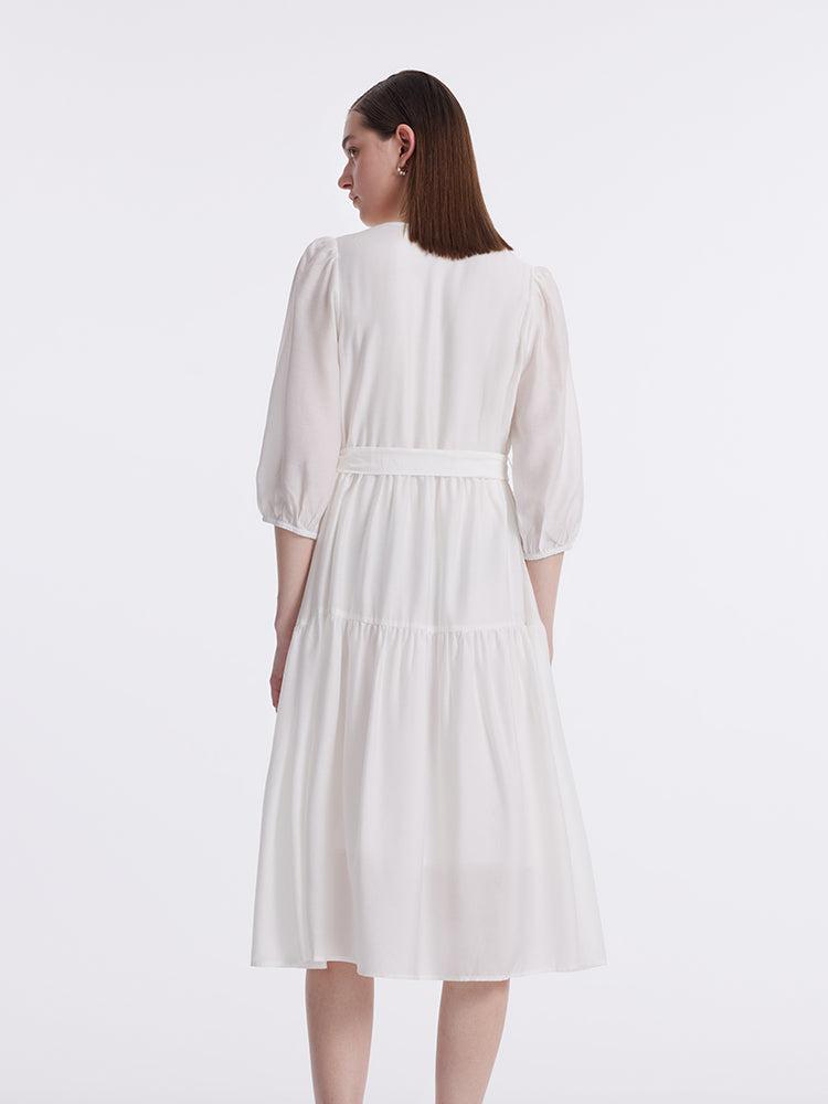 White V-Neck Gathered Waist Midi Dress Product Image