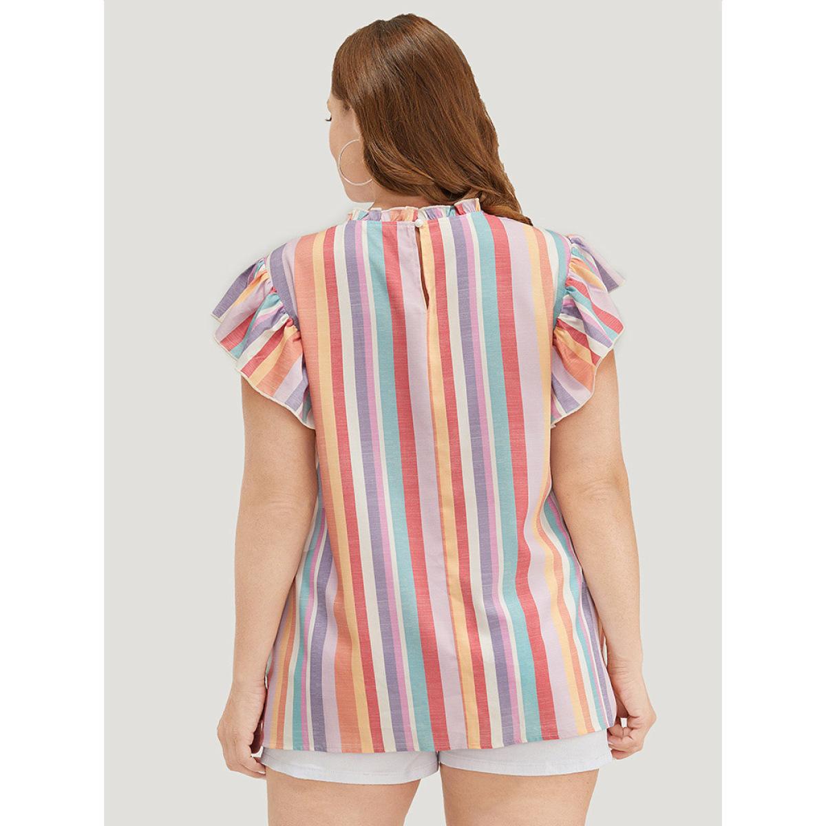 Plus Size Multicolor Striped Contrast Pleated Cap Sleeve Keyhole Frill Trim Blouse Women Vacation Cap Sleeve Mock Neck Dailywear Blouses BloomChic 22-24/3X Product Image