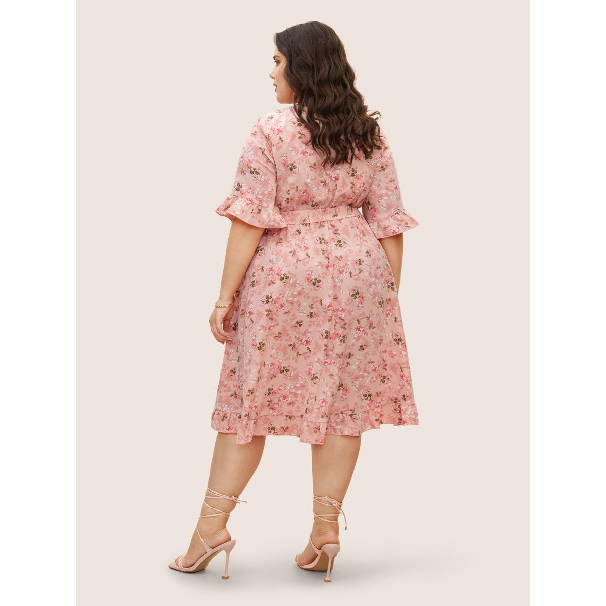 Plus Size Floral Overlap Collar Belted Ruffles Dress Lightpink Women Elegant Belted Overlap Collar Half Sleeve Curvy BloomChic 14-16/1X Product Image