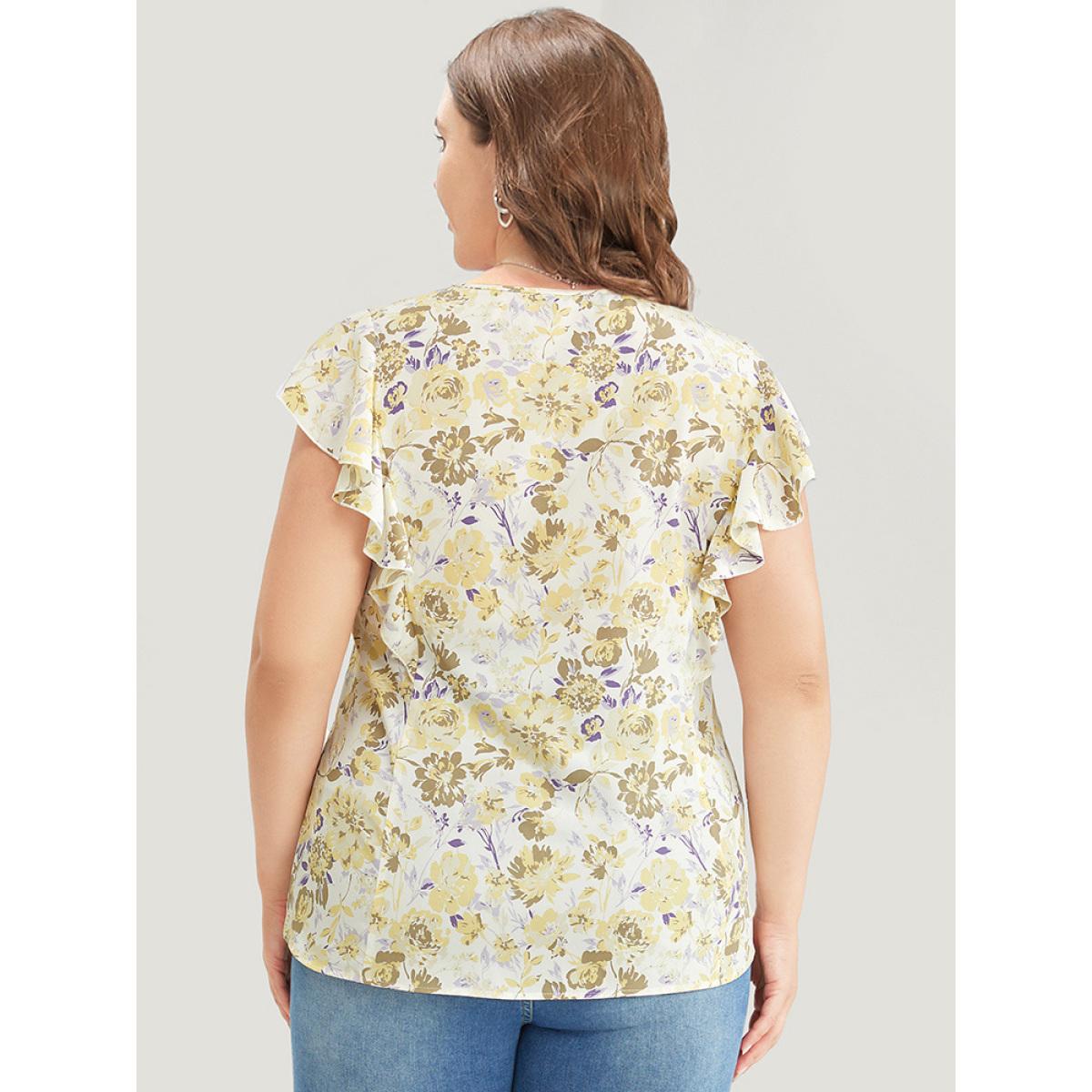 Plus Size White Floral Print V Neck Ruffle Trim Cap Sleeve Blouse Women Elegant Cap Sleeve V-neck Dailywear Blouses BloomChic 28/5X Product Image