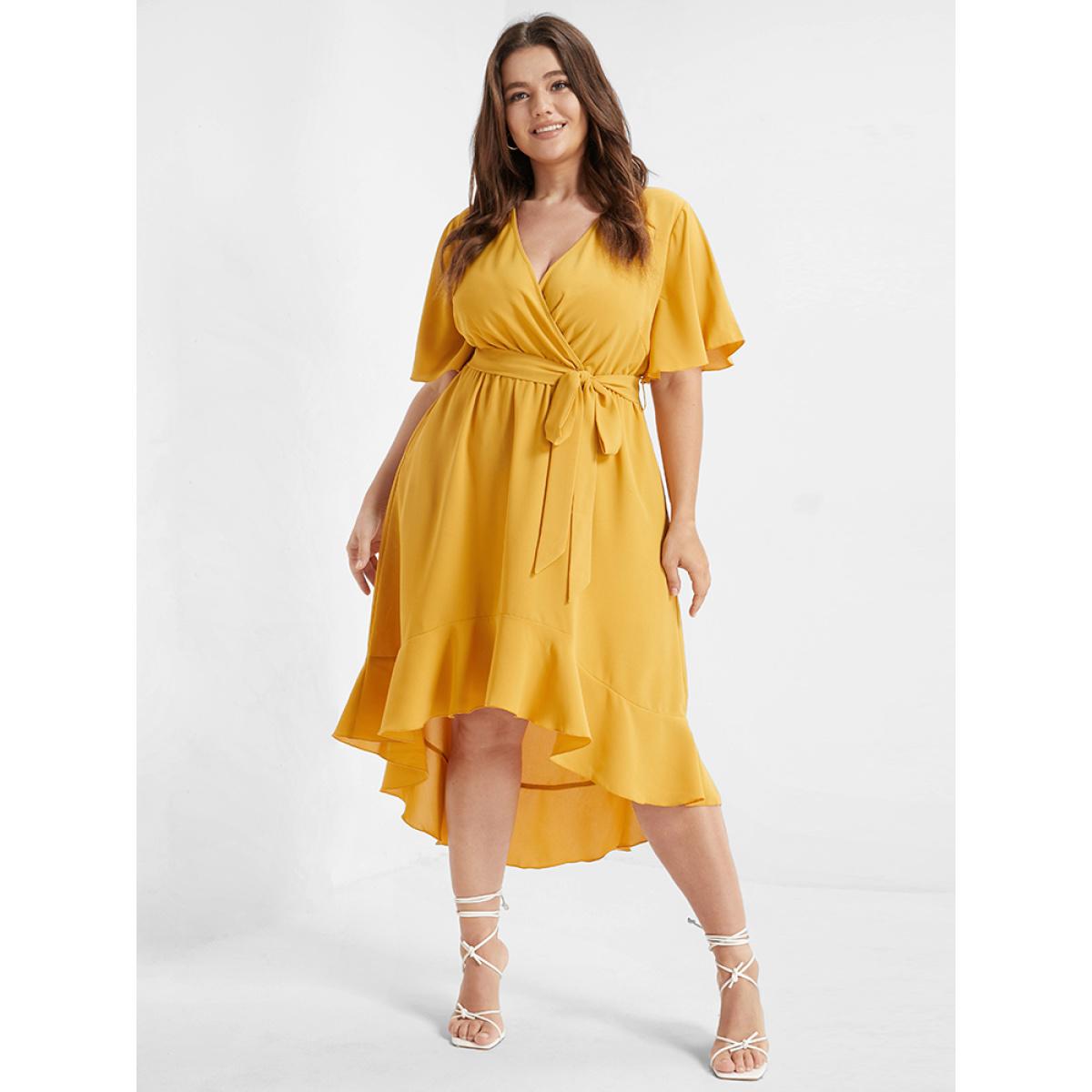 Plus Size Bloom Dress - Solid Tie Surplice Ruffle High Low Dress Yellow Women Elegant Cross straps V-neck Short sleeve Curvy Midi Dress BloomChic 30/6X Product Image