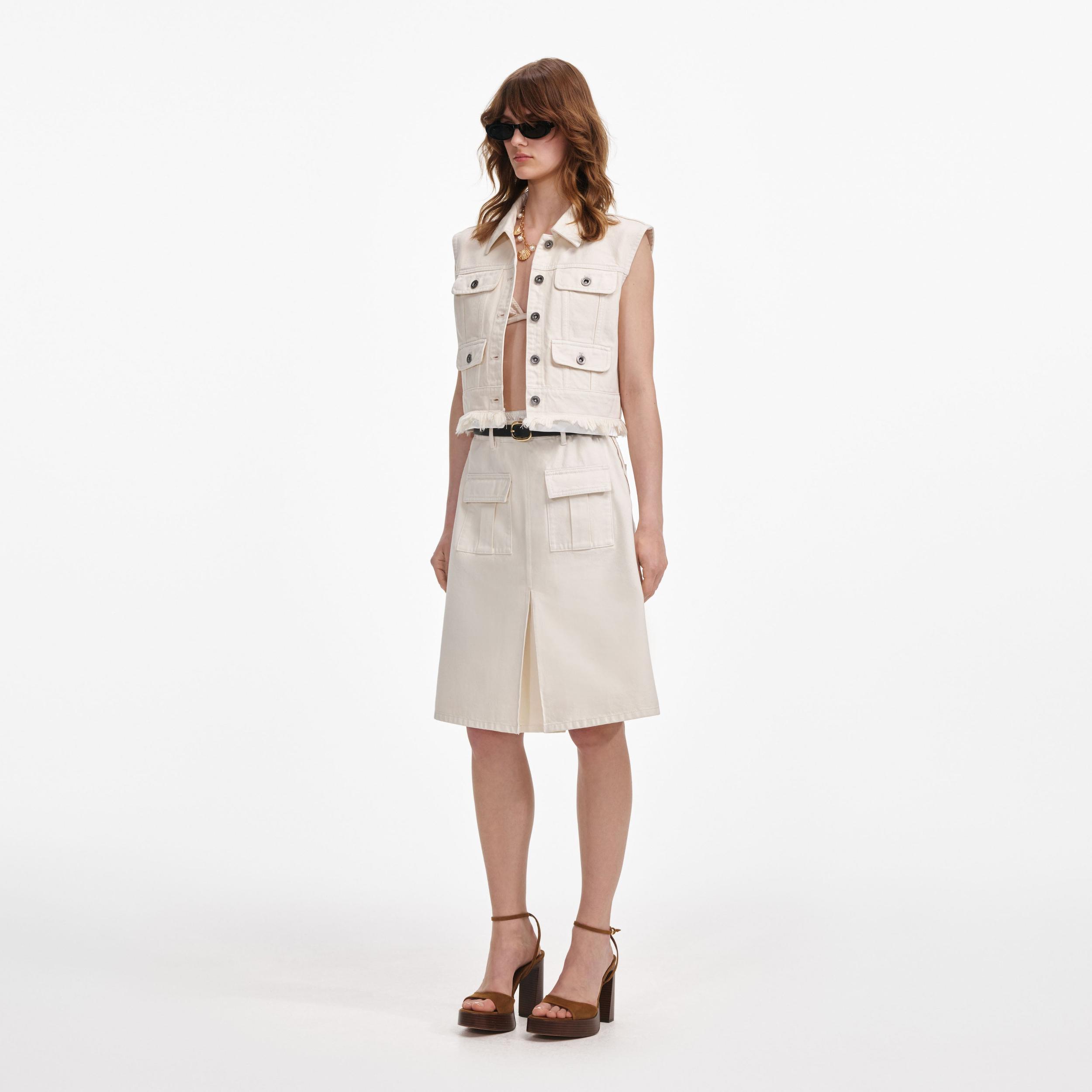 Cream Denim Midi Skirt Product Image