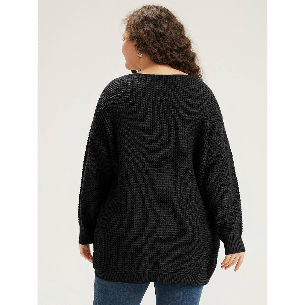 Plus Size Cable Knit Plain Elastic Cuffs Pullover Black Women Casual Loose Long Sleeve V-neck Dailywear Pullovers BloomChic 18-20/2X Product Image