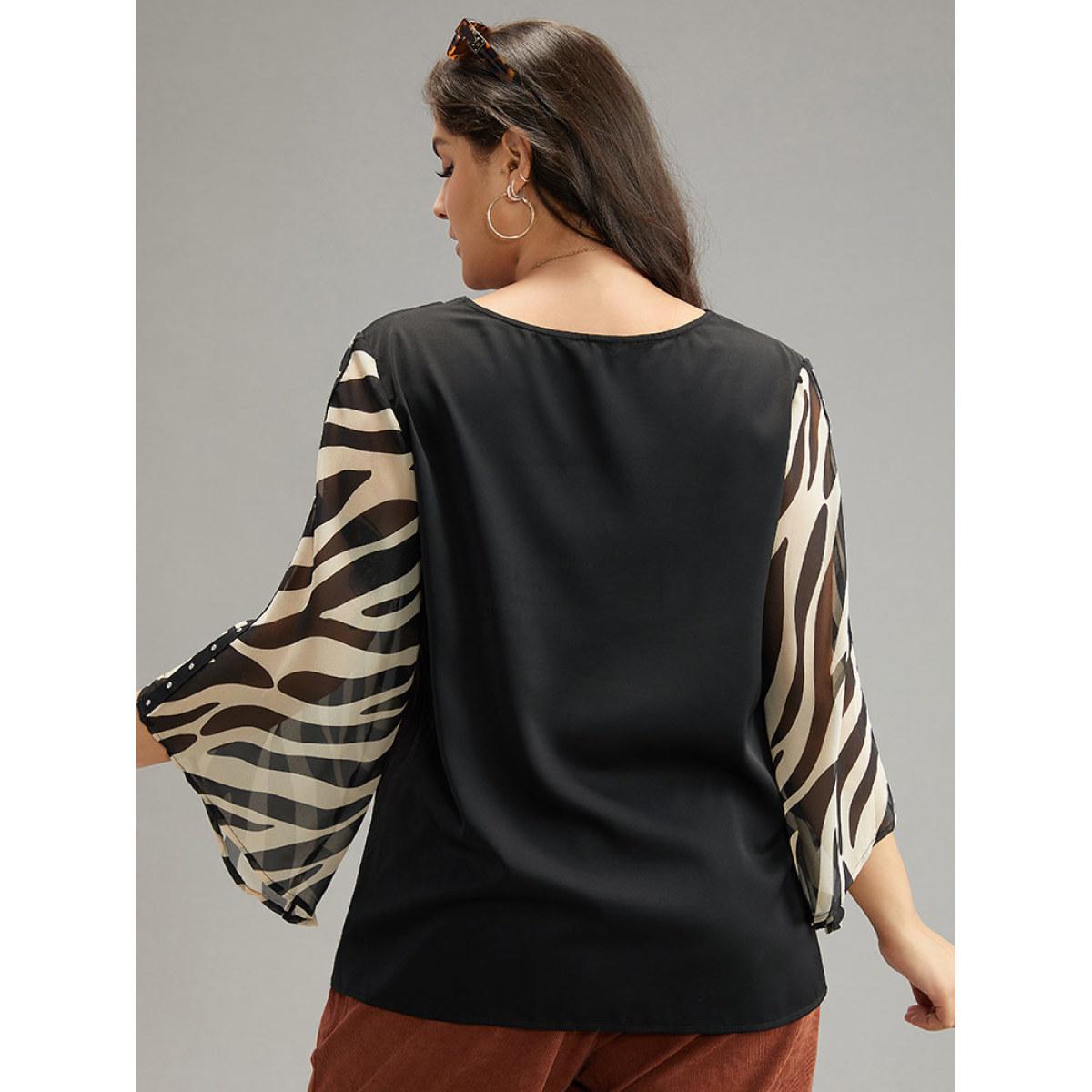 Plus Size Black Zebra Print Chiffon Patchwork Pearl Beaded Blouse Women Elegant Elbow-length sleeve V-neck Dailywear Blouses BloomChic 12/L Product Image