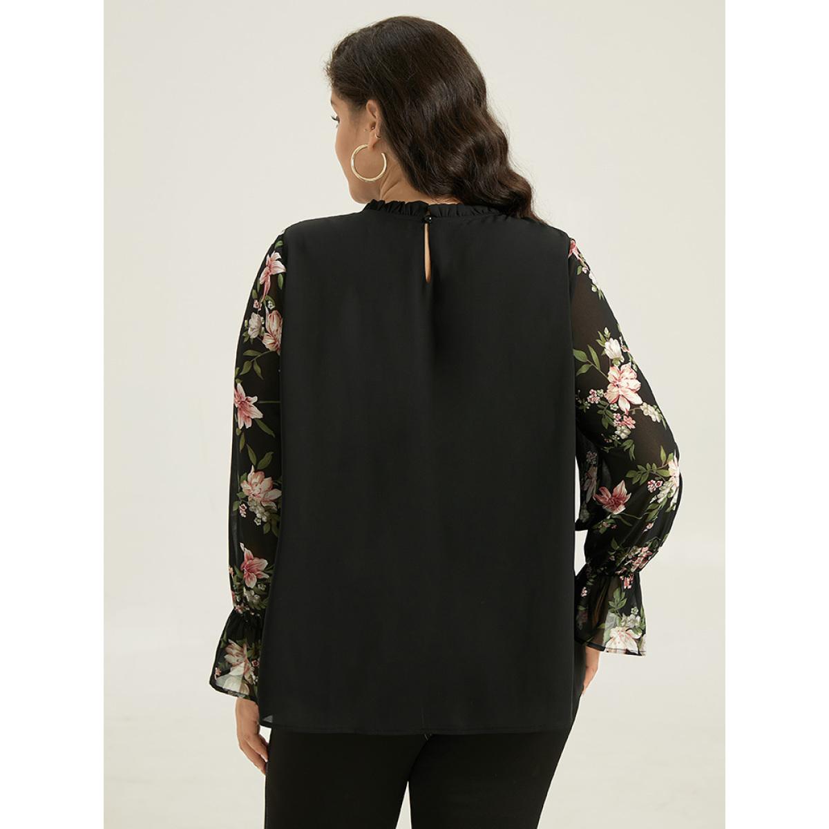Plus Size Black Twill Floral Patchwork Shirred Mesh Frill Trim Blouse Women Elegant Long Sleeve Stand-up collar Dailywear Blouses BloomChic 26/4X Product Image