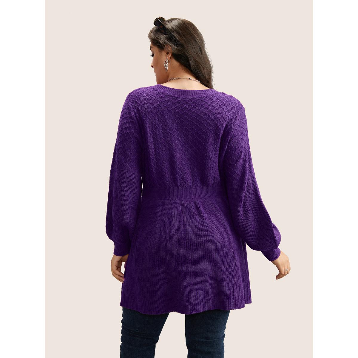 Plus Size Plain Plisse Lantern Sleeve A Line Pullover Eggplant Women Elegant Long Sleeve V-neck Everyday Pullovers BloomChic 12/L Product Image