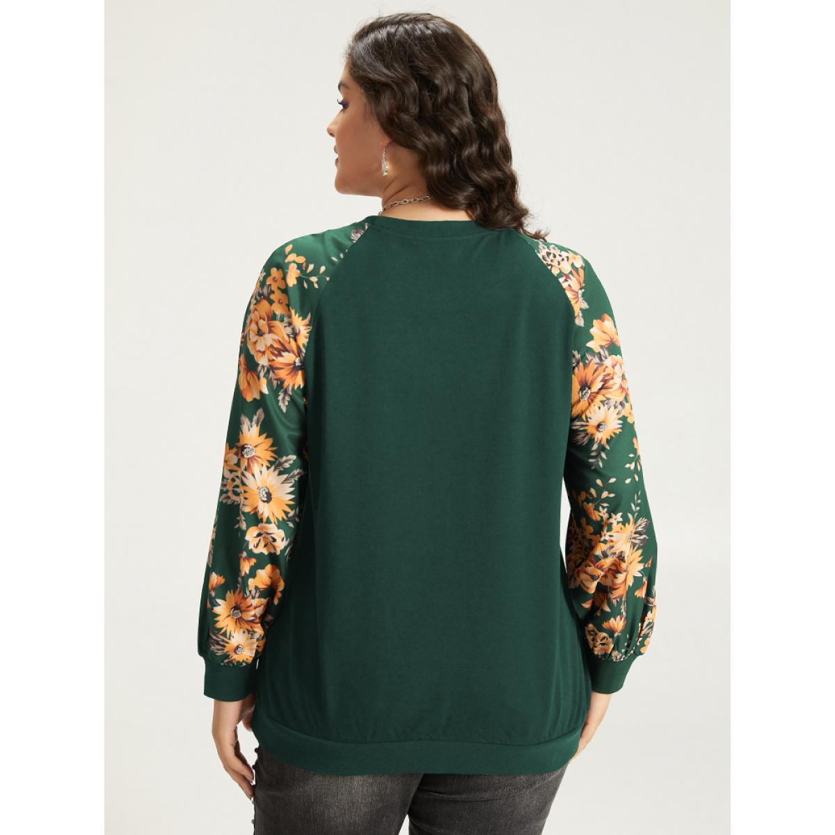 Plus Size Halloween Floral Patchwork Print Raglan Sleeve Sweatshirt Women DarkGreen Casual Elastic cuffs Round Neck Festival-Halloween Sweatshirts BloomChic 30/6X Product Image