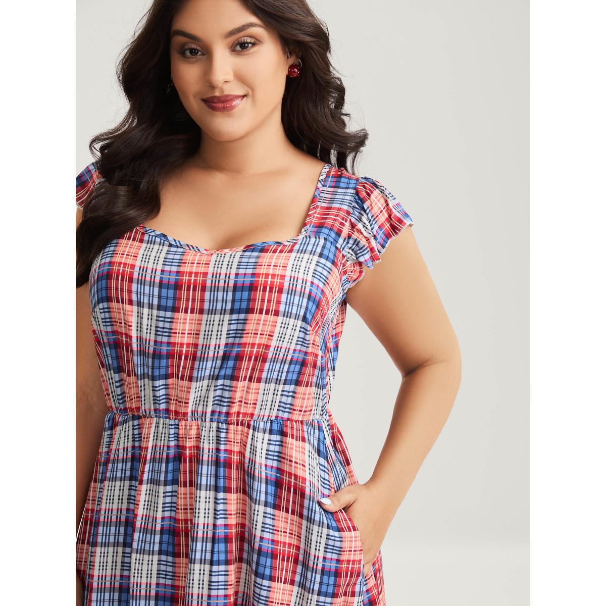 Plus Size Plaid Print Flutter Sleeve Pockets Midi Dress Multicolor Women Heart neckline Cap Sleeve Curvy BloomChic 10/M Product Image