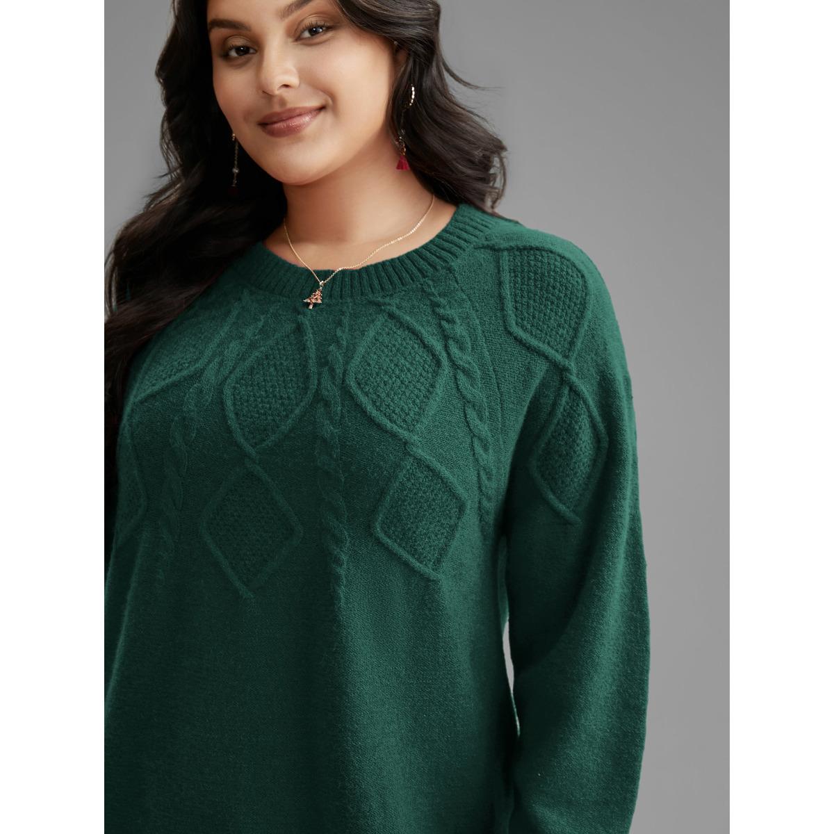 Plus Size Cable Knit Bodice Crew-Neck Pullover DarkGreen Women Leisure Loose Long Sleeve Round Neck Casual Pullovers BloomChic 26/4X Product Image