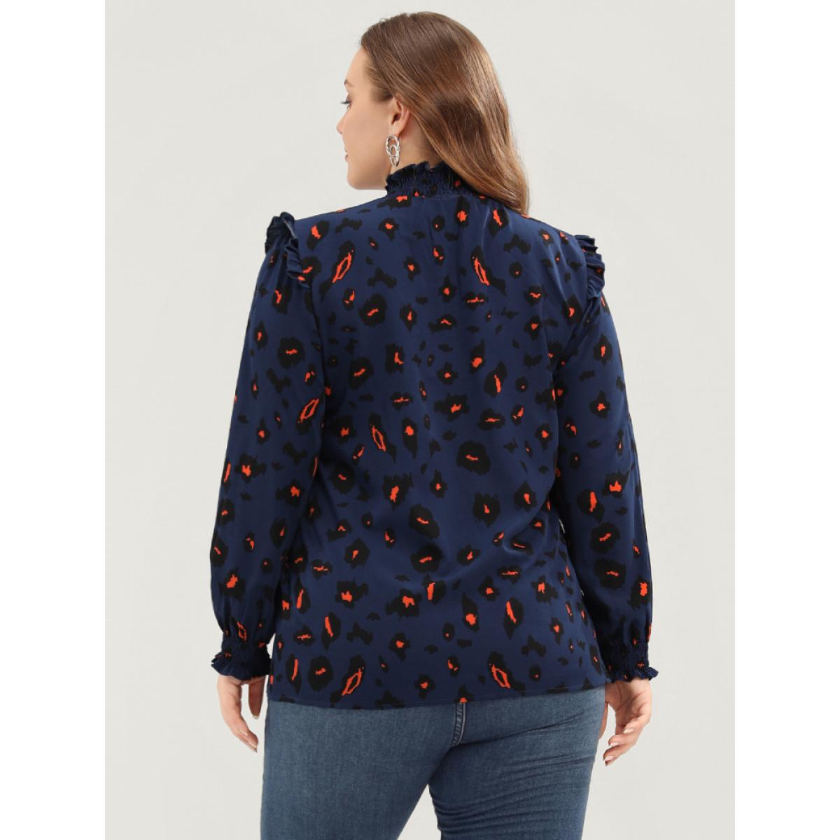 Plus Size DarkBlue Allover Print Ruffle Trim Lantern Sleeve Shirred Blouse Women Elegant Long Sleeve Mock Neck Dailywear Blouses BloomChic 30/6X Product Image
