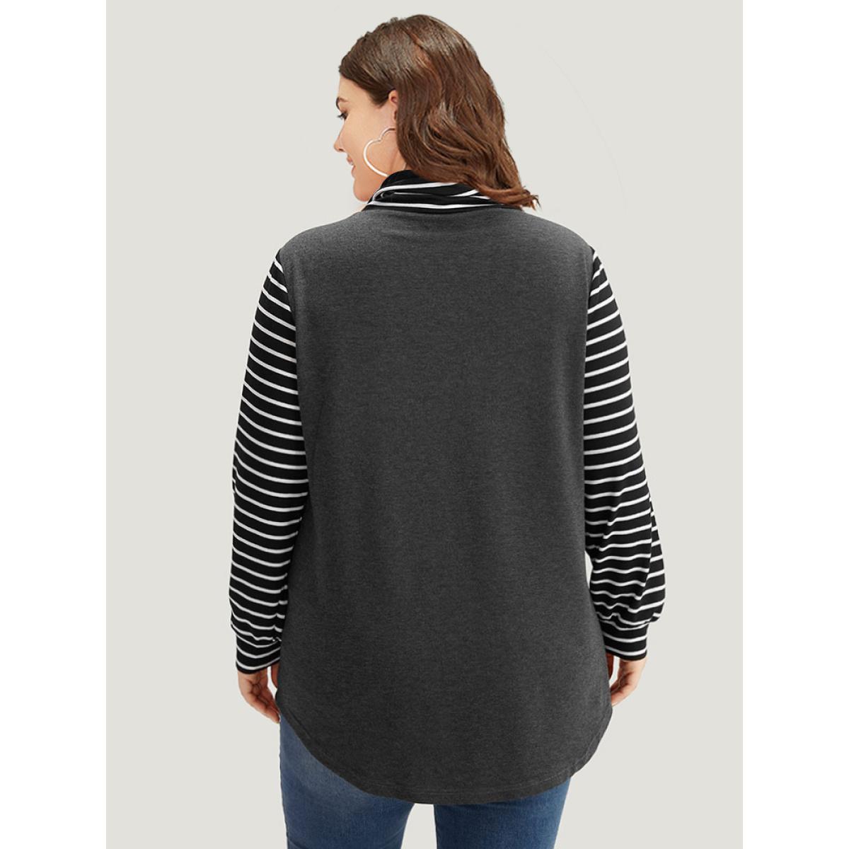 Plus Size Mock Neck Striped Patchwork Drawstring Sweatshirt Women Indigo Casual Contrast Mock Neck Everyday Sweatshirts BloomChic 22-24/3X Product Image