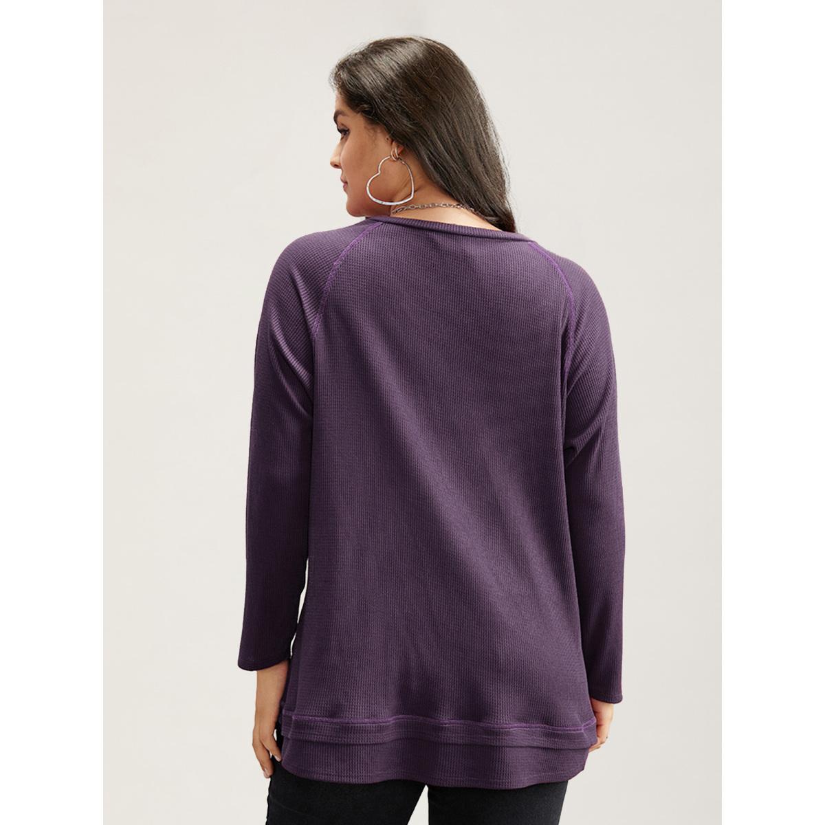 Plus Size Plain Textured Stitch Raglan Sleeve Sweatshirt Women Eggplant Leisure Plain V-neck Casual Sweatshirts BloomChic 14-16/1X Product Image