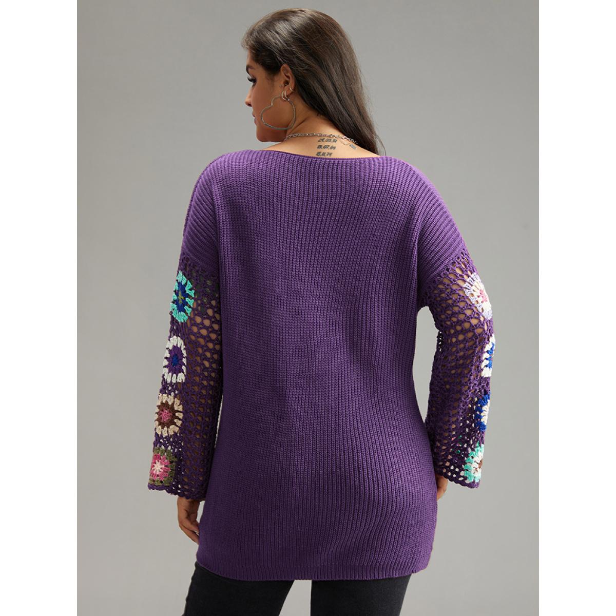 Plus Size Floral Embroidered Hollow Out Pullover Purple Women Leisure Long Sleeve V-neck Casual Pullovers BloomChic 22-24/3X Product Image