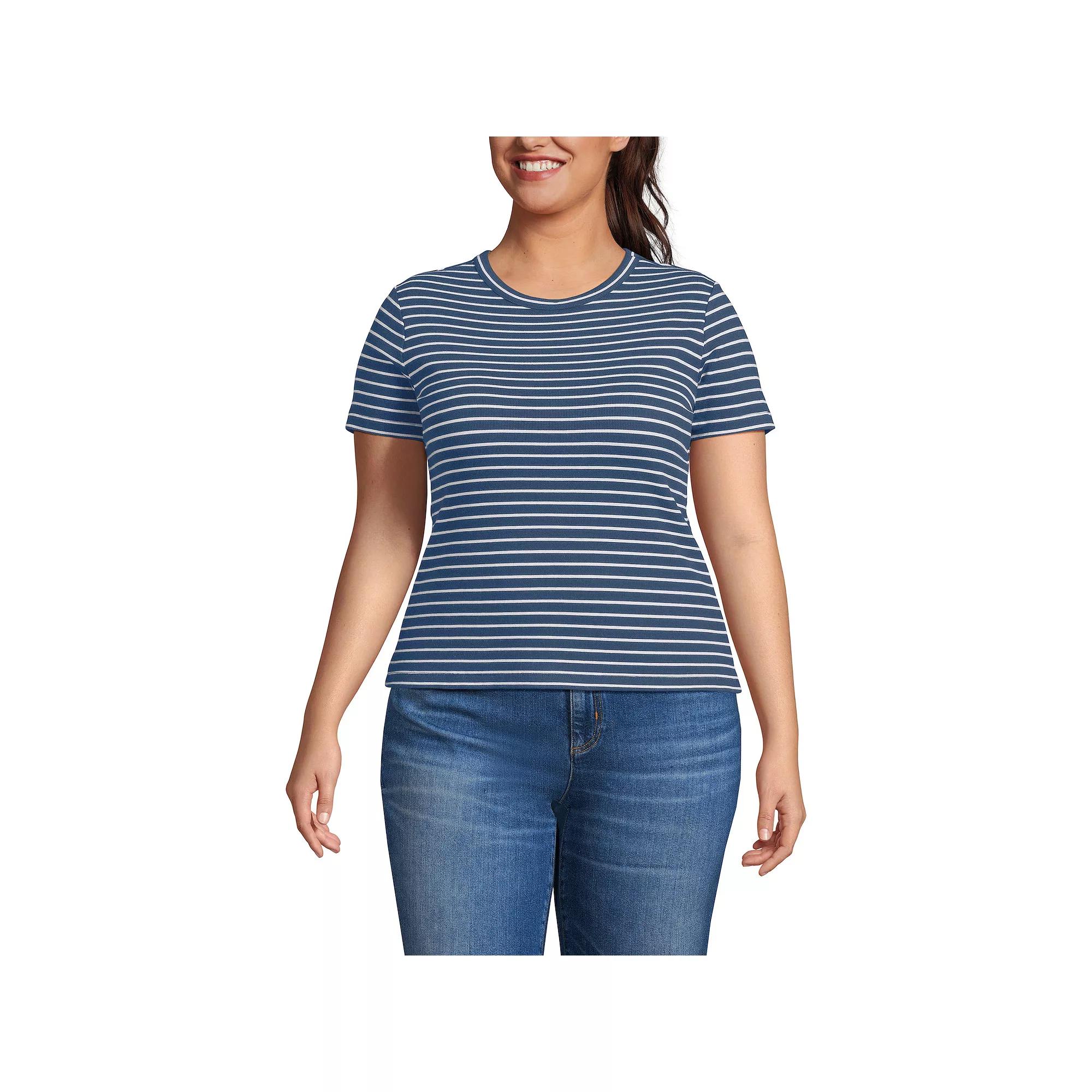 Plus Size Lands' End Drapey Rib Fitted Short Sleeve T-Shirt, Women's, Size: 1XL, Navy Ivory Stripe Product Image
