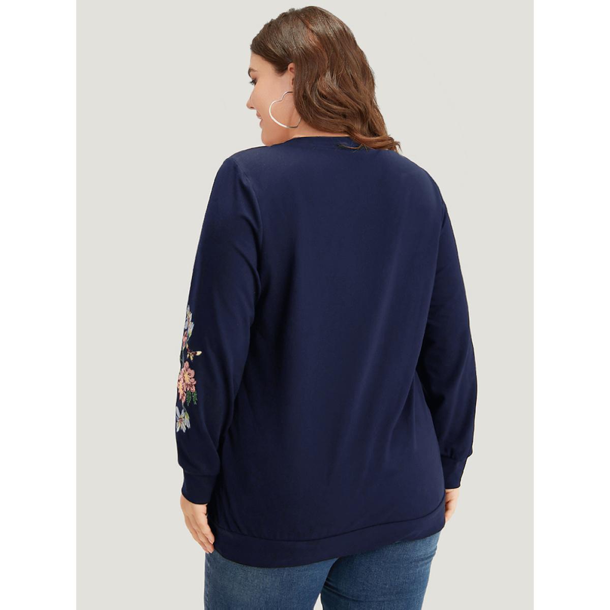 Plus Size Floral Embroidered Elastic Cuffs V Neck Sweatshirt Women Burgundy Elegant Elastic cuffs V-neck Dailywear Sweatshirts BloomChic 30/6X Product Image