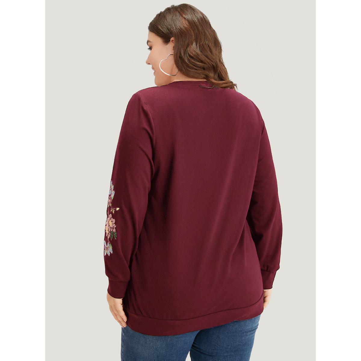 Plus Size Floral Embroidered Elastic Cuffs V Neck Sweatshirt Women Burgundy Elegant Elastic cuffs V-neck Dailywear Sweatshirts BloomChic 30/6X Product Image