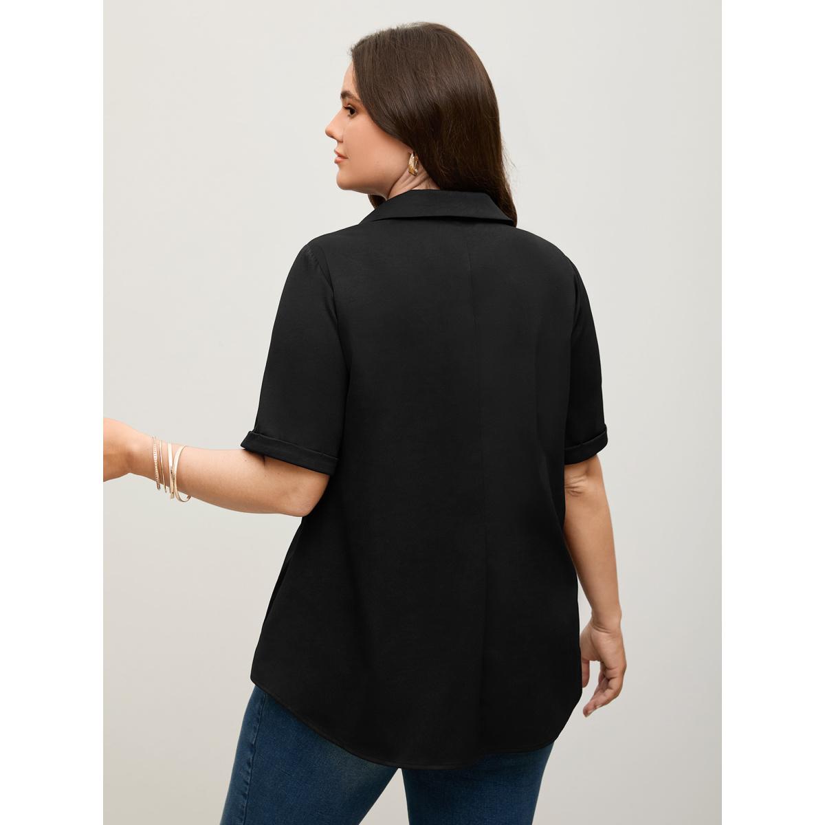 Plus Size Black Knotted Front Asymmetrical Hem Blouse Women Office Short sleeve Shirt collar Office Blouses BloomChic 14-16/1X Product Image