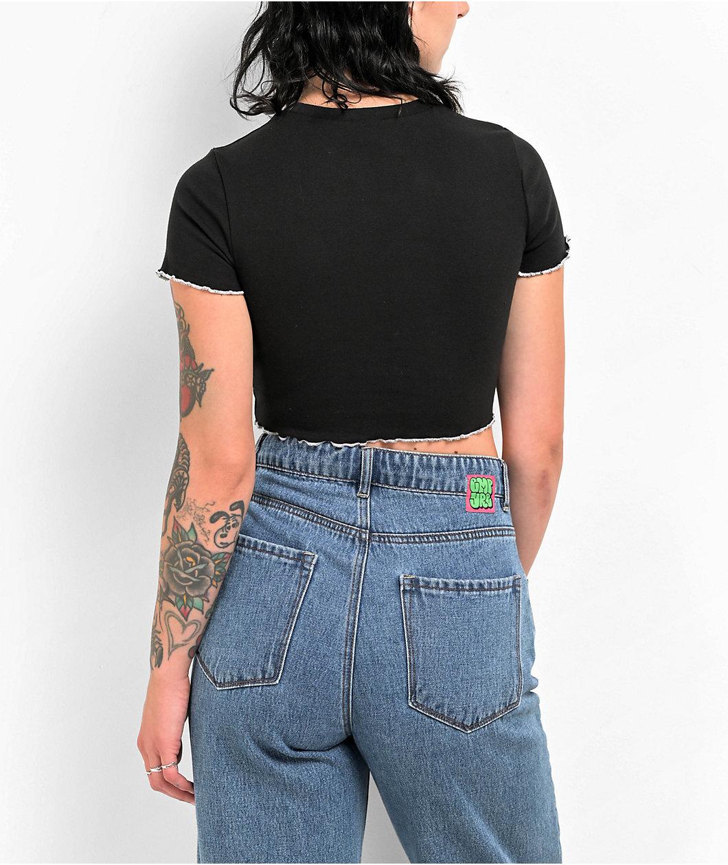 Zine Angie Lettuce Hem Black Crop T-Shirt Product Image