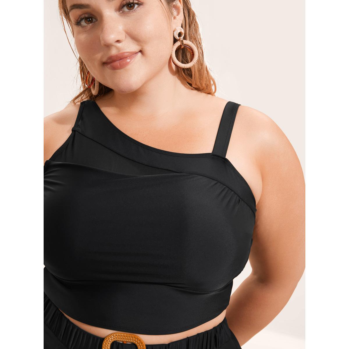 Plus Size Asymmetrical Neck Mesh Patchwork Swim Top Women's Swimwear Black Beach See through High stretch Skinny Asymmetrical Neck Curve Swim Tops BloomChic 30/6X Product Image