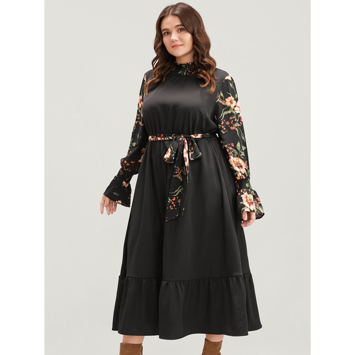 Plus Size Floral Patchwork Lantern Sleeve Pocket Belted Shirred Mock Neck Dress Black Women Elegant Patchwork Mock Neck Long Sleeve Curvy Midi Dress BloomChic 14-16/1X Product Image
