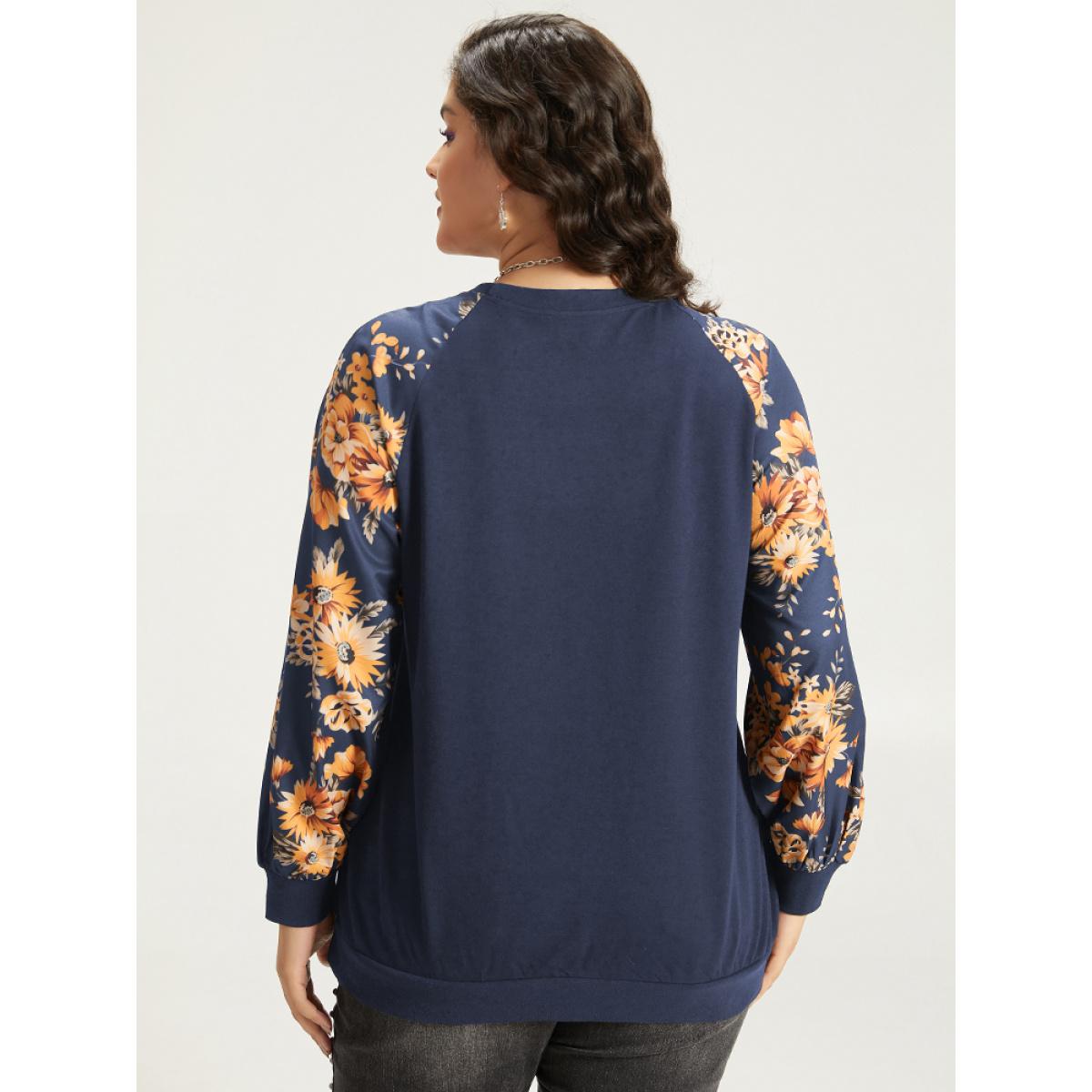 Plus Size Halloween Floral Patchwork Print Raglan Sleeve Sweatshirt Women Blue Leisure Elastic cuffs Round Neck Casual Sweatshirts BloomChic 14-16/1X Product Image
