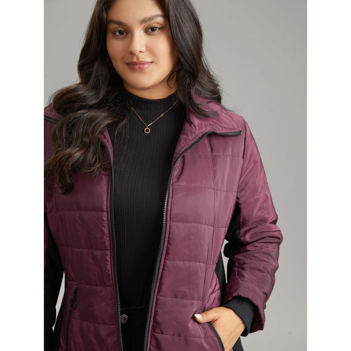 Plus Size Solid Zipper Patchwork Padded Jacket Women Burgundy Lined Pocket Everyday Jackets BloomChic 10/M Product Image