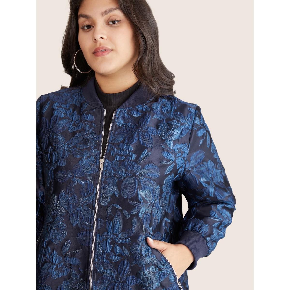Plus Size Floral Patchwork Zipper Jacquard Jacket Women Indigo Elastic cuffs Pocket Everyday Jackets BloomChic 12/L Product Image