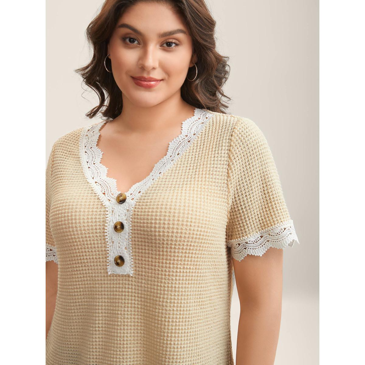 Plus Size Sheer Waffle Textured Lace Trim T-Shirt Beige Women Woven ribbon&lace trim V-neck Everyday-Casual T-shirts BloomChic 22-24/3X Product Image